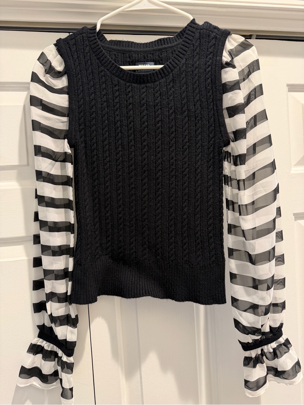 Anthropologie Black Cable Knit Sweater with Black & White Striped Sheer Sleeves